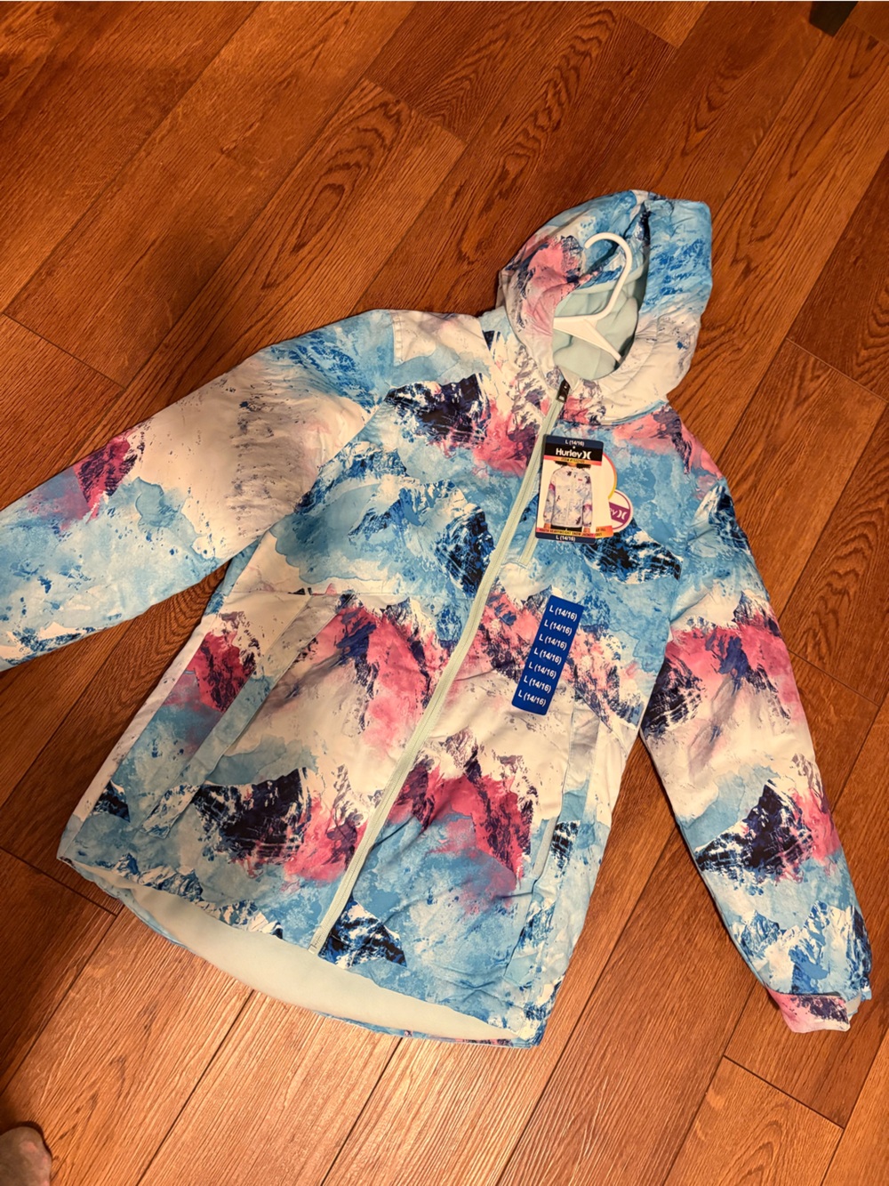 Hurley Blue and Pink Mountain-Print Hooded Jacket